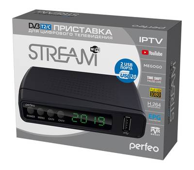 ТВ приставка PERFEO "STREAM" для цифр.TV, Wi-Fi, IPTV, HDMI, 2 USB, DolbyDigital, пульт ДУ [PF_A4351