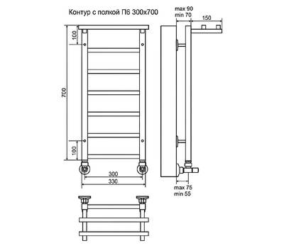 Полотенцесушитель Terminus Контур с полкой П6 300x700