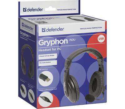 Наушники DEFENDER Gryphon 750U USB, черный, 1,8м кабель [63752]