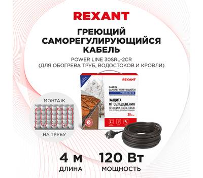 Кабель греющий саморегулирующийся REXANT POWER Line 30SRL-2CR, 4 м/120 Вт 51-0651