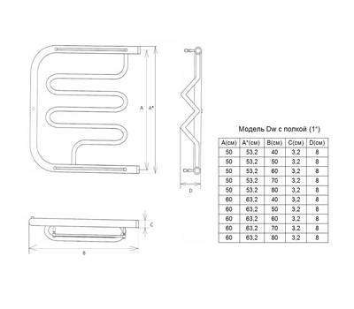 Полотенцесушитель Двин Dw 50/60 1-1/2" С полкой Водяной К0, Полированный