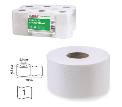 Туалетная бумага LAIMA 200 м, (T2), ADVANCED, 1-слойная, цвет белый, КОМПЛЕКТ 12 рулонов, 126093