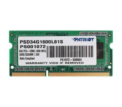 Модуль памяти Patriot memory для ноутбука SODIMM 4GB PC12800 DDR3L PSD34G1600L81S