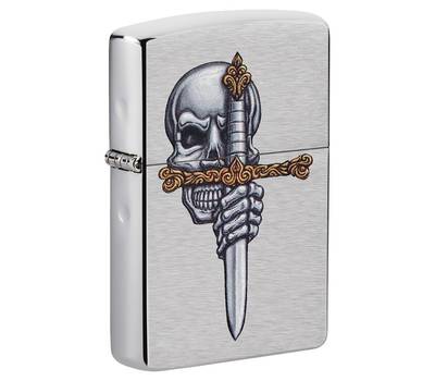 Зажигалка Zippo Sword Skull Desig с покрытием Brushed Chrome, латунь/сталь, серебристая, 38x13x57 мм