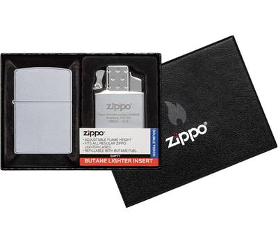 Зажигалка Zippo Набор : 205 с покрытием Satin Chrome™ и газовый вставной блок с двойным пламенем