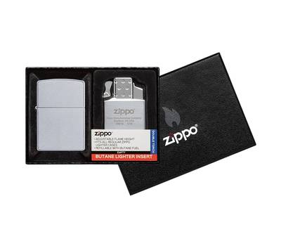 Зажигалка Zippo Набор : 205 с покрытием Satin Chrome™ и газовый вставной блок с двойным пламенем