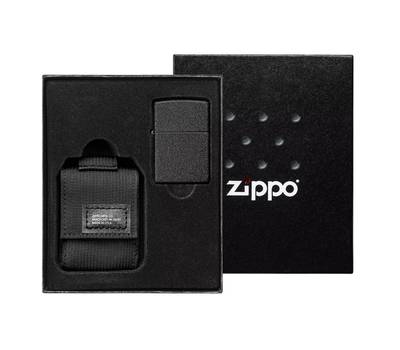 Зажигалка Zippo Набор : чёрная Black Crackle® и чёрный нейлоновый чехол, в подарочной коробке