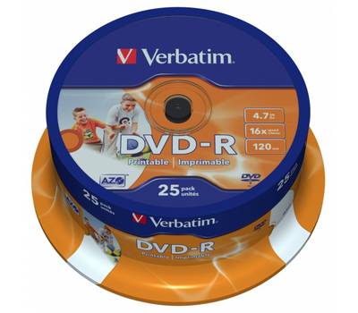 Диск DVD-R VERBATIM 4.7Gb 16x Cake Box (25шт) Printable (43538)