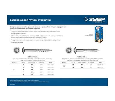 Саморезы ЗУБР ПРОФЕССИОНАЛ 30081-42-025 25 х 4.2 мм, 500 шт, редкая резьба, оцинкованные