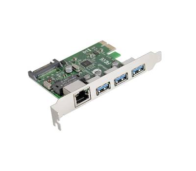 Контроллеp EXEGATE ExeGate EXE-361 (PCI-E x1 v2.0, 3*USB3.0 ext. + LAN UTP 1000Mbps, разъем доп.пита