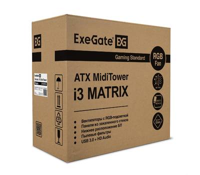 Корпус системного блока EXEGATE i3 MATRIX (ATX, без БП, 2*USB+1*USB3.0, HD аудио, черный, 2 вент. 18