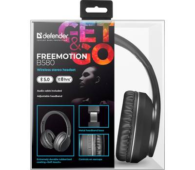 Наушники беспроводные DEFENDER с микрофоном (гарнитура) FreeMotion B580, с оголовьем, чёрные, 63580
