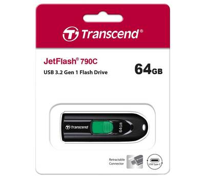 Флешка TRANSCEND 64GB TRANSCEND JetFlash 790C, разъем USB Type-С, черный/зеленый, TS64GJF790C