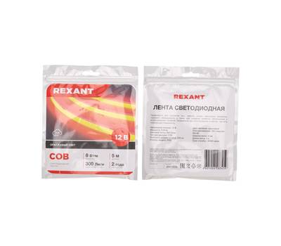 Лента светодиодная REXANT 147-116 12В, COB 8Вт/м, 320 LED/м, оранжевый, 8мм, 5м, IP20