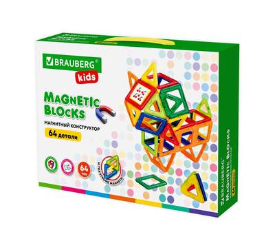 Конструктор BRAUBERG BIG MAGNETIC BLOCKS-64, 64 детали, с колесной базой, BRAUBERG KIDS, 663847