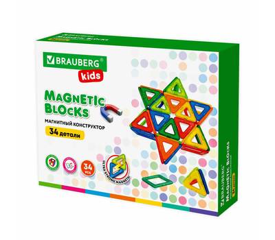 Конструктор BRAUBERG BIG MAGNETIC BLOCKS-34, 34 детали, с колесной базой, BRAUBERG KIDS, 663845