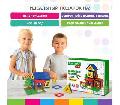 Конструктор BRAUBERG MAGNETIC BUILD BLOCKS-39 "Построй дом", 39 деталей, BRAUBERG KIDS, 663849