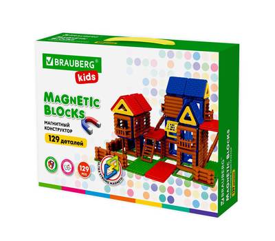 Конструктор BRAUBERG MEGA MAGNETIC BUILD BLOCKS-129 "Построй дом", 129 деталей, BRAUBERG KIDS, 66385