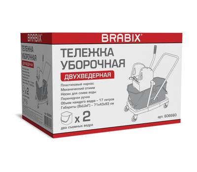 Тележка уборочная BRABIX 2 съемных ведра 17 л, механический отжим, пластиковый каркас