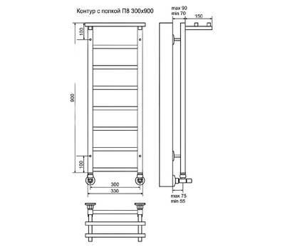 Полотенцесушитель Terminus Контур с полкой П8 300x900