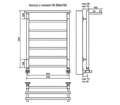 Полотенцесушитель Terminus Контур с полкой П6 500x700