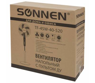 Вентилятор бытовой SONNEN 3 режима, пульт ДУ, SONNEN TF-45W-40-520, d=40 см, 45 Вт, белый, 454788, F