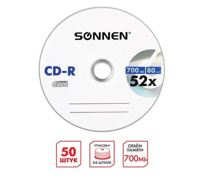 Диски для ПК SONNEN 700 Mb 52x Bulk (термоусадка без шпиля), КОМПЛЕКТ 50 шт., 512571