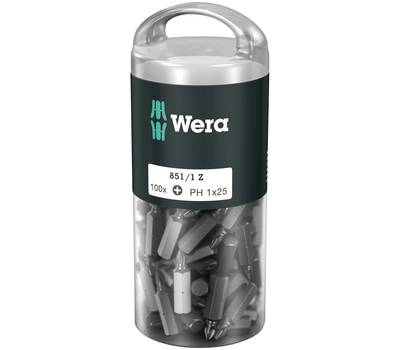 Набор бит WERA 851/1 Z DIY 100 PH 1 вязкая твёрдость, 1/4" C6.3, 100 шт, PH 1 x 25 мм, держатель-евр