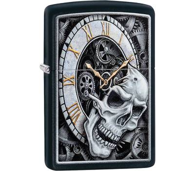 Зажигалка Zippo Skull Clock Design с покрытием Black Matte, латунь/сталь, чёрная, матовая, 36x12x56