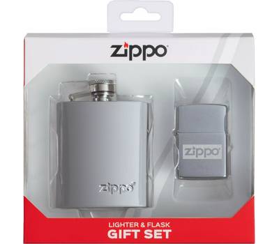 Зажигалка Zippo Набор : фляжка 89 мл и ветроустойчивая Brushed Chrome, серебристая