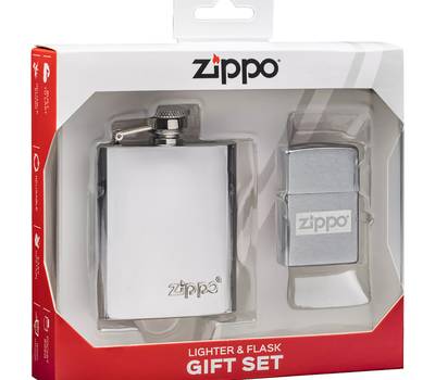 Зажигалка Zippo Набор : фляжка 89 мл и ветроустойчивая Brushed Chrome, серебристая