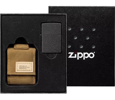 Зажигалка Zippo Набор : чёрная Black Crackle и коричневый нейлоновый чехол, в подарочной коробке