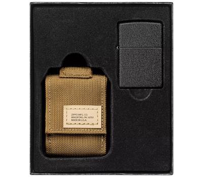 Зажигалка Zippo Набор : чёрная Black Crackle и коричневый нейлоновый чехол, в подарочной коробке