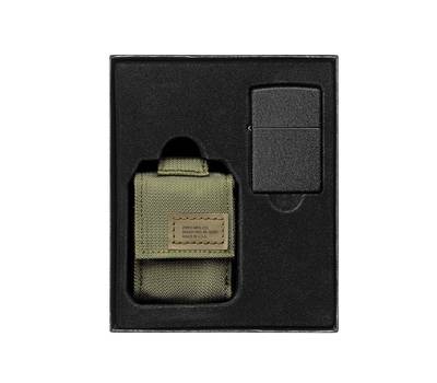 Зажигалка Zippo Набор : чёрная Black Crackle® и зеленый нейлоновый чехол, в подарочной коробке