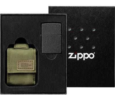 Зажигалка Zippo Набор : чёрная Black Crackle® и зеленый нейлоновый чехол, в подарочной коробке