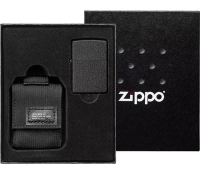 Зажигалка Zippo Набор : чёрная Black Crackle® и чёрный нейлоновый чехол, в подарочной коробке