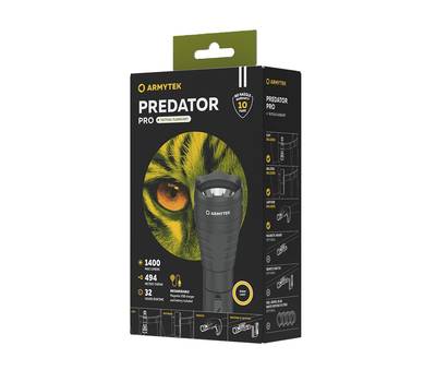 Фонарь Armytek светодиодный тактический Predator Pro Magnet USB, 1400 лм, теплый свет, аккумулятор