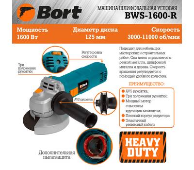 Машина шлифовальная угловая BORT BWS-1600-R